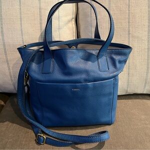 Fossil Blue Crossbody Bag with Adjustable Strap and Metal Accents